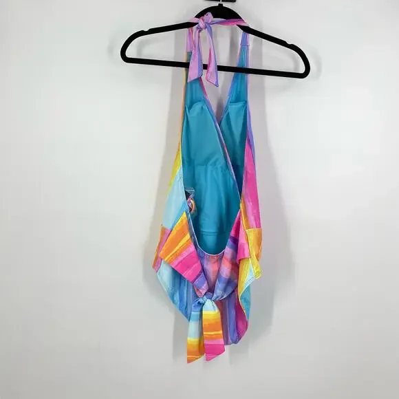 NEW RACHEL Rachel Roy One Piece Swim Suit Swimwear XL Rainbow Halter Wrap - Picture 6 of 10